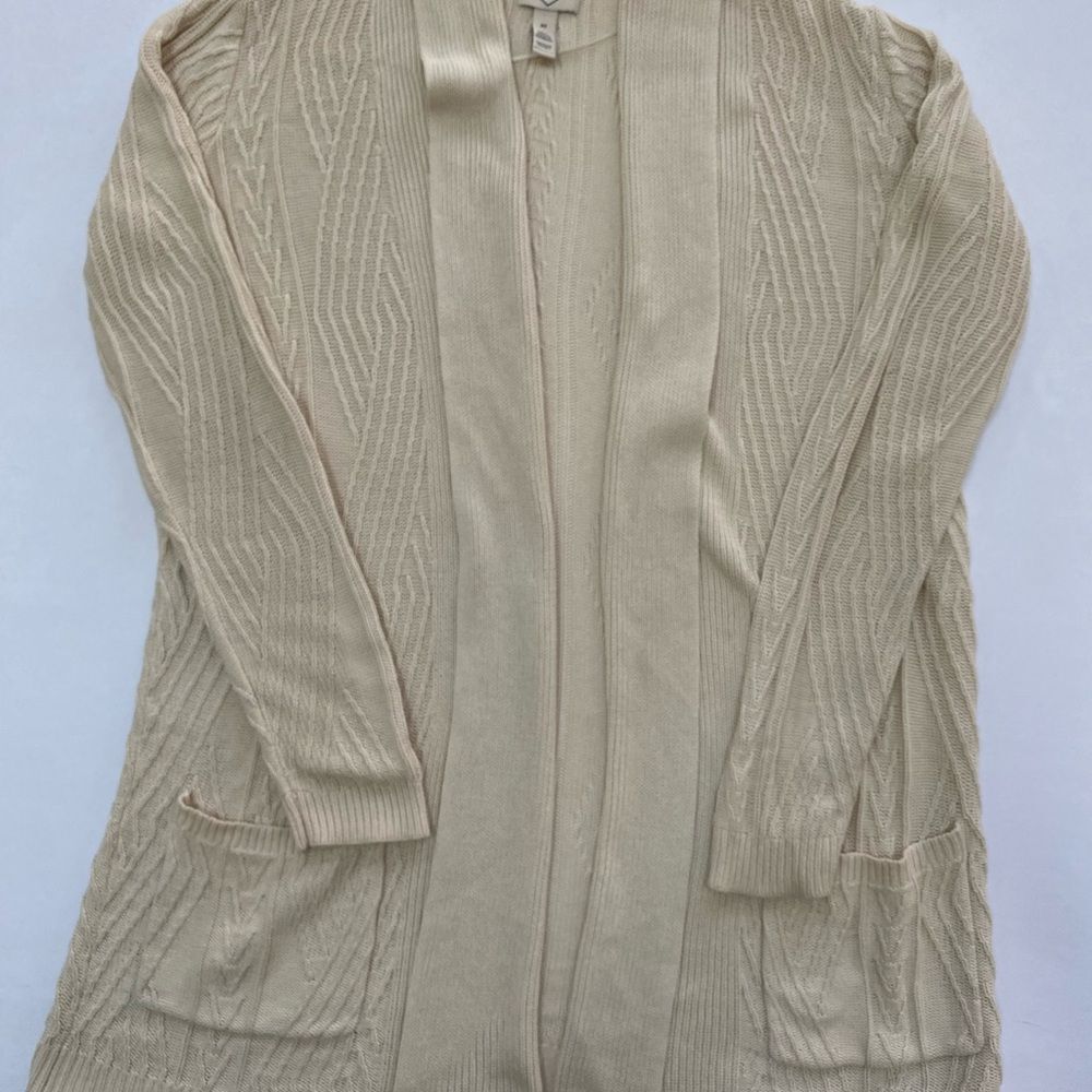 St. John's Bay Cream Cable Knit Open Front Cardigan Pockets Size Small Tall